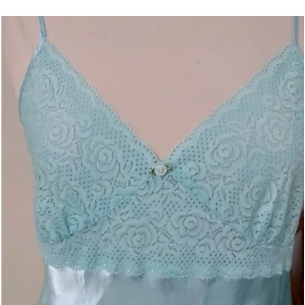 Lace Trim Satin Chemise - Soft Blue